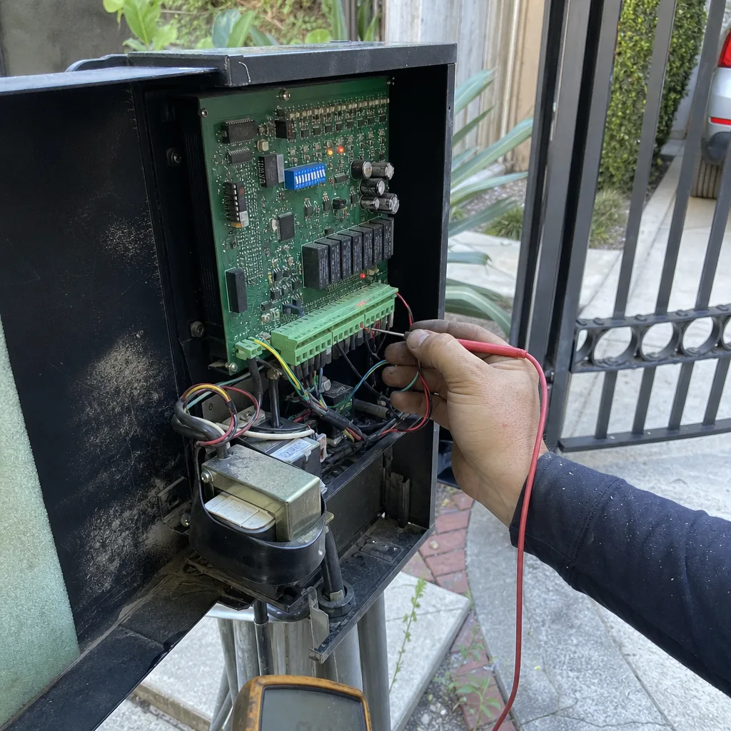 Technician performing electric gate repair using a multimeter on control board
