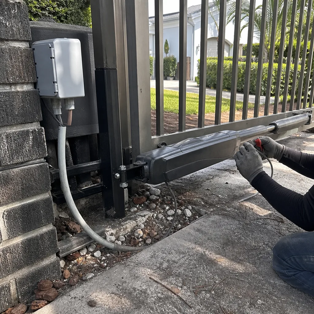 Technician performing professional electric gate repair and maintenance on driveway gate