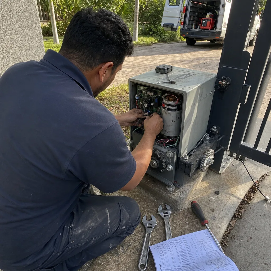 Technician performing electric gate motor repair and maintenance