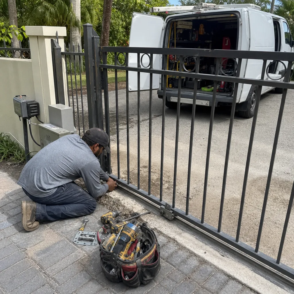 Technician performing professional automatic sliding gate repair and maintenance.
