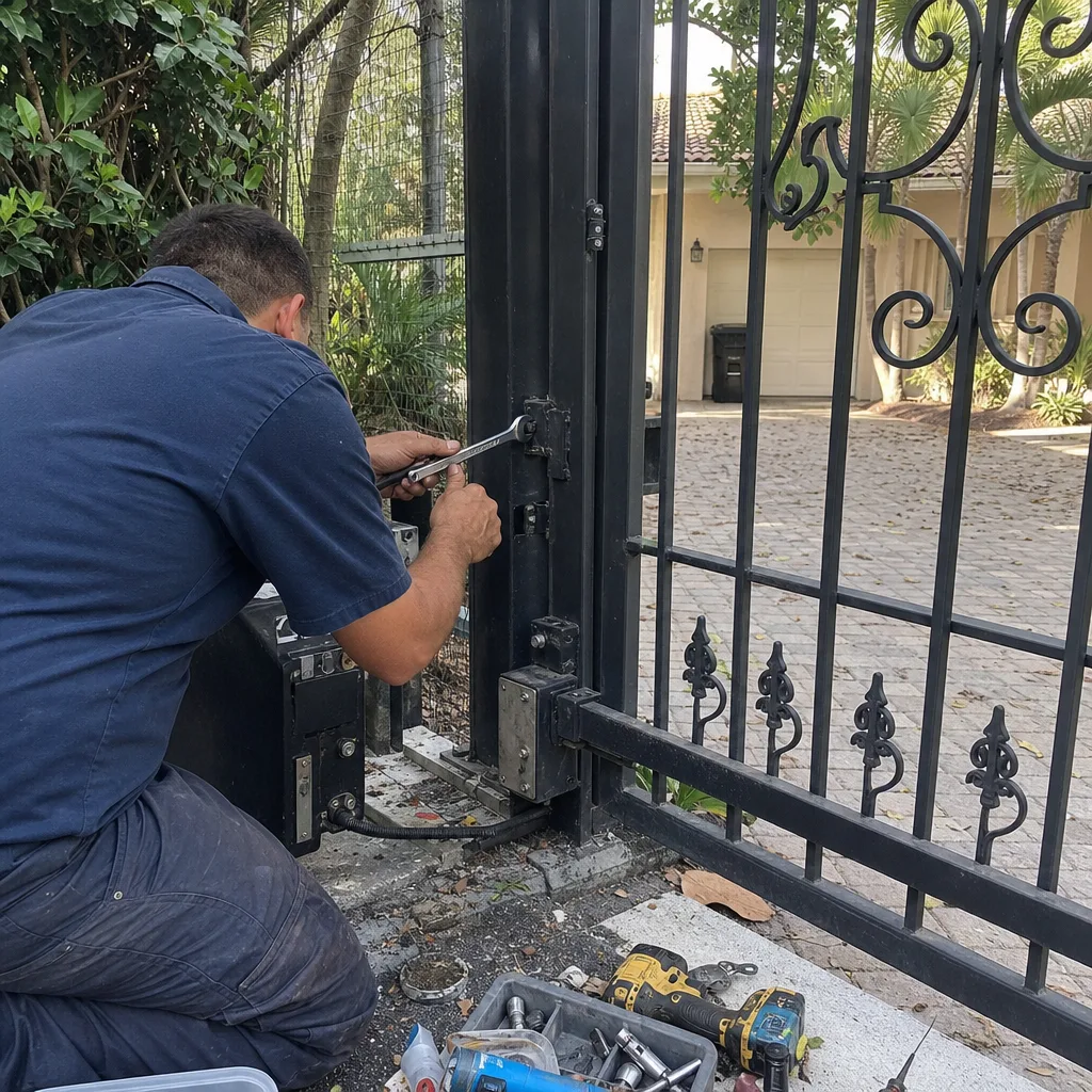 Technician performing professional gate motor repair and maintenance on a metal fence.