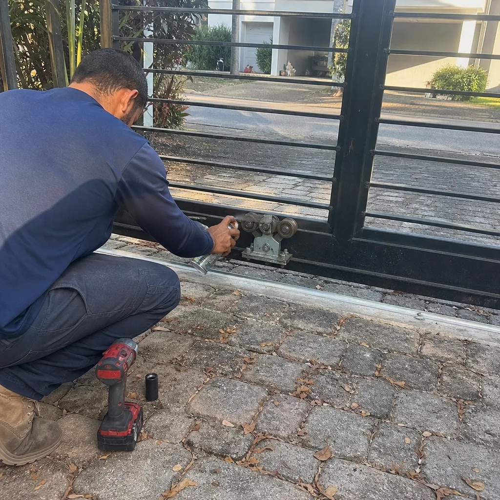 Technician performing professional maintenance and repair on a sliding gate wheel.